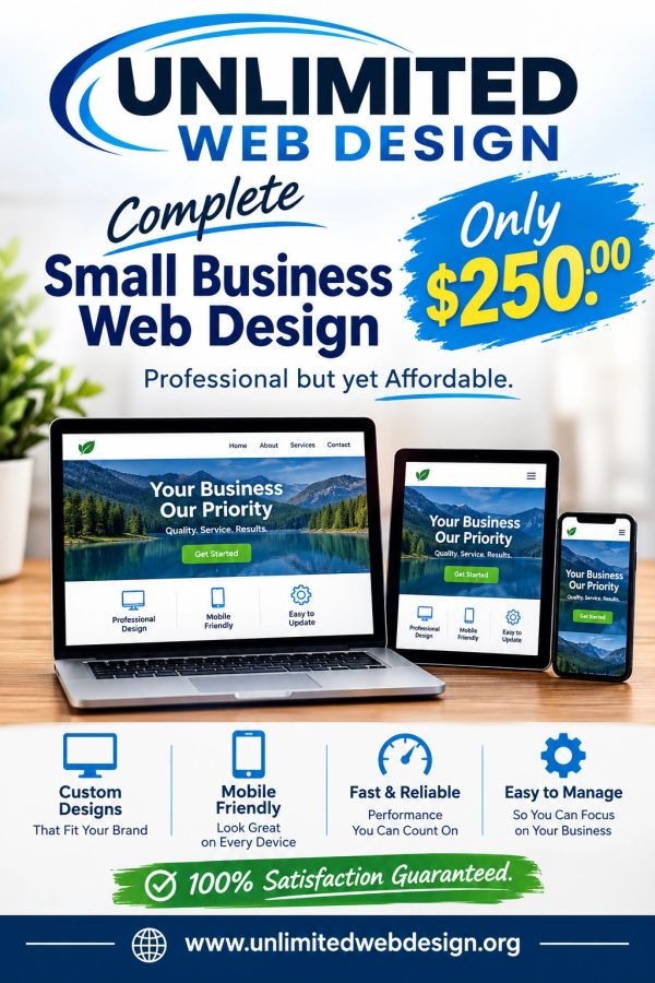 Advertisement for affordable small business web design services.