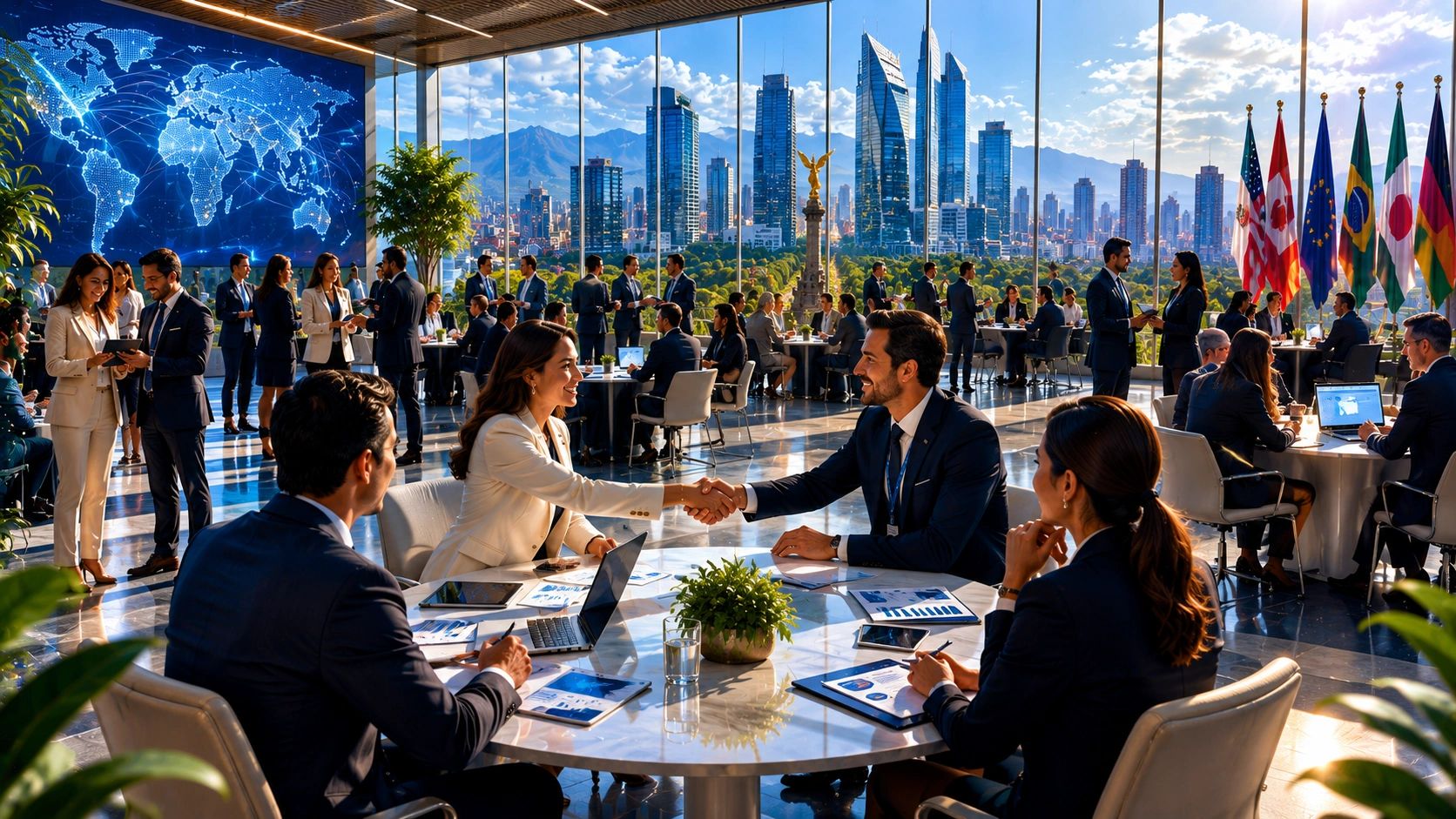 Business professionals networking and collaborating in a modern office with a city skyline view.