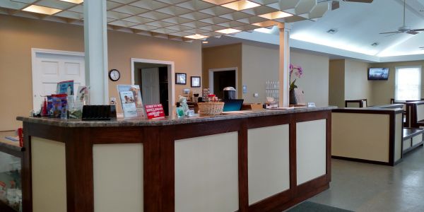 Reception desk area in an office or clinic.