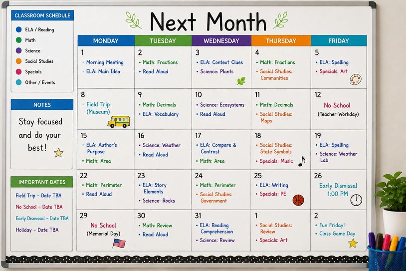 Colorful classroom schedule for next month with subjects and important dates.