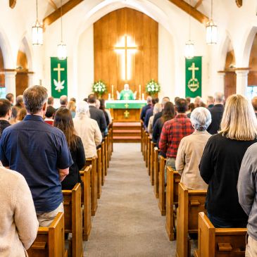 Congregation attending a church service with a pastor at the altar.