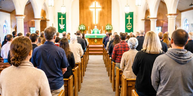 Congregation attending a church service, facing the altar with a priest.