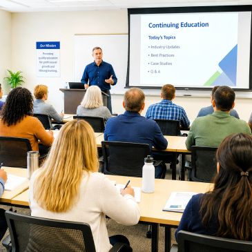 A professional giving a continuing education lecture to attentive adults in a classroom.