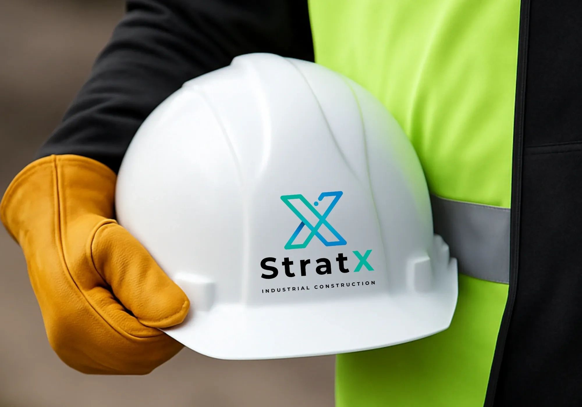 Person holding a white StratX industrial construction helmet with yellow gloves.