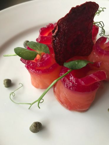 Salmon Gravlax with Beetroot by La Boca Restaurant, Wolfeboro New Hampshire
