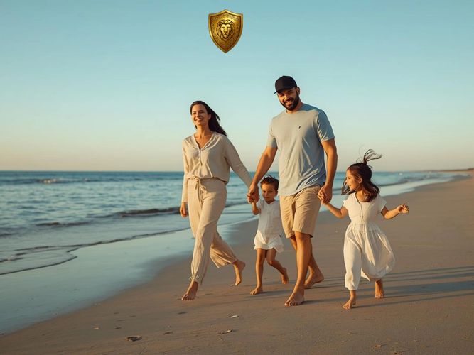 Family on beach enjoying life while protected with term life insurance and whole life.