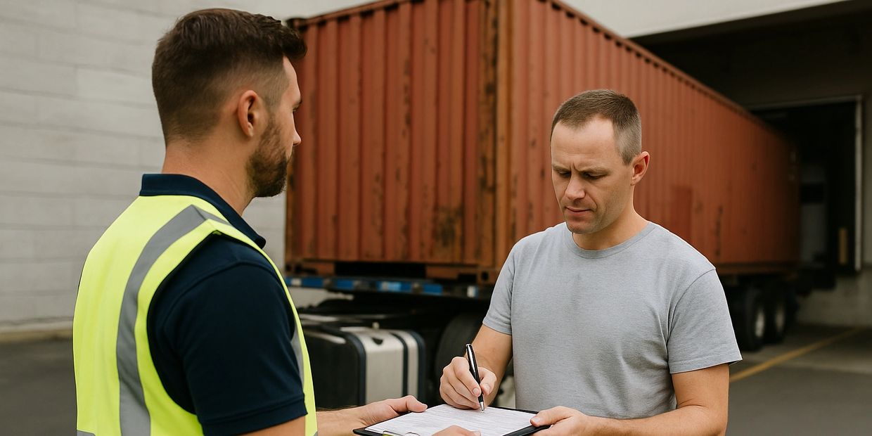 A port driver signs container delivery paperwork at a warehouse receiving area, demonstrating accurate documentation and professional drayage handoffs.
