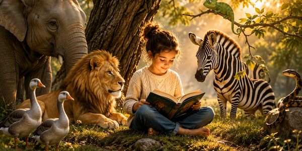 A child reading surrounded by jungle animals.