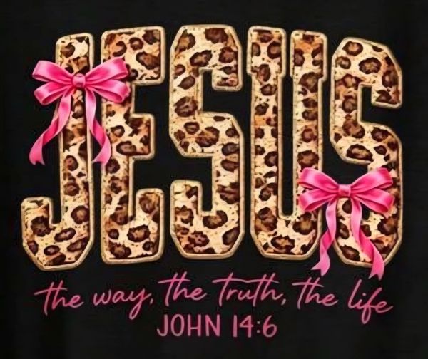 Leopard print text 'JESUS' decorated with pink bows.