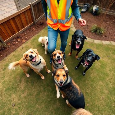 Poop Cop pooper scooper posing with happy dog clients