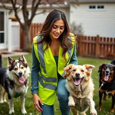 Pooper scooper technician posing with happy dog clients