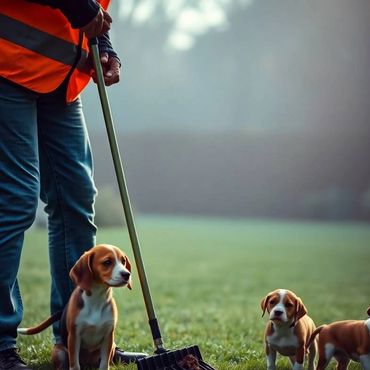 Pooper scooper service at work while puppies watch