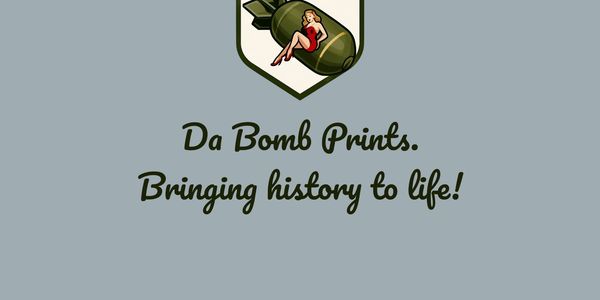Logo of Da Bomb Prints with a pin-up girl on a bomb and the slogan "Bringing history to life!"