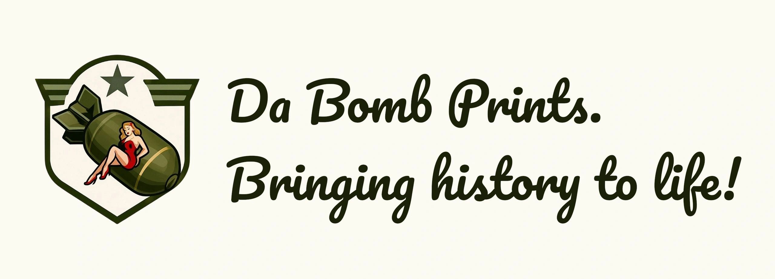 Logo for Da Bomb Prints featuring a vintage pin-up on a bomb with the slogan.
