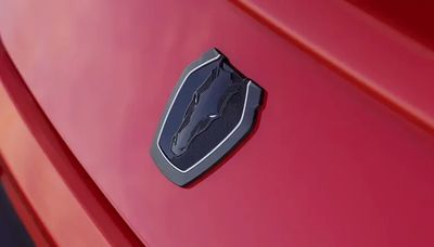 Close-up of a black horse emblem on a red car.