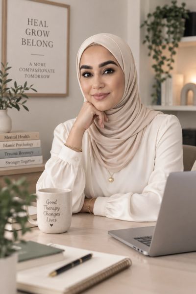 Woman in hijab smiling at desk with laptop and coffee.
