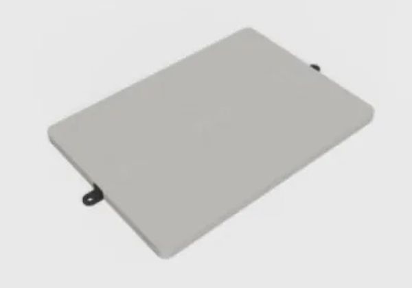 Rectangular gray cushion with two black loops on opposite sides.
