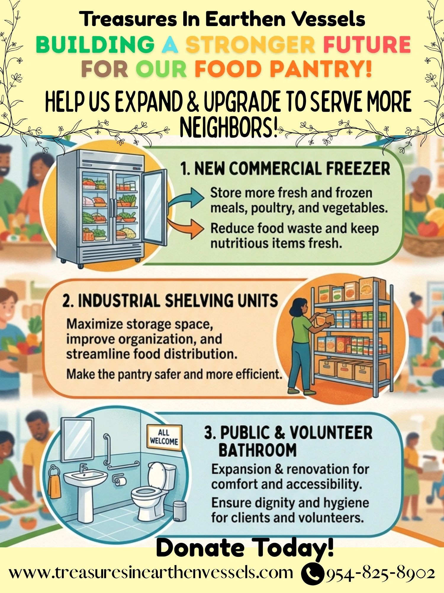 Building a stronger future for food pantry with new freezer, shelving, and bathroom upgrades.