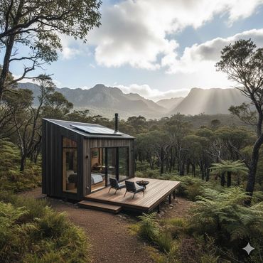 Modern tiny cabin in a lush forest with mountain backdrop and sunlight streaming through clouds.