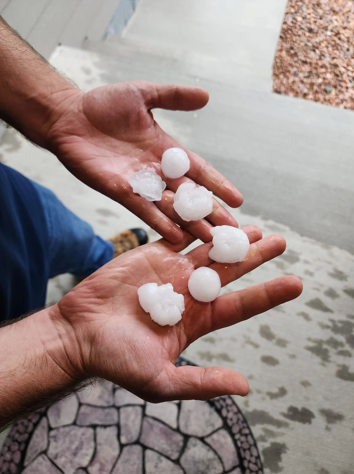 Kivori Construction roofing specialist holding hail stones in Colorado Springs after a storm to demo