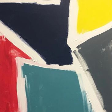 Abstract painting with colorful geometric shapes.