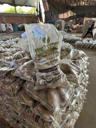 Stacks of mesh bags filled with potatoes in a warehouse.
