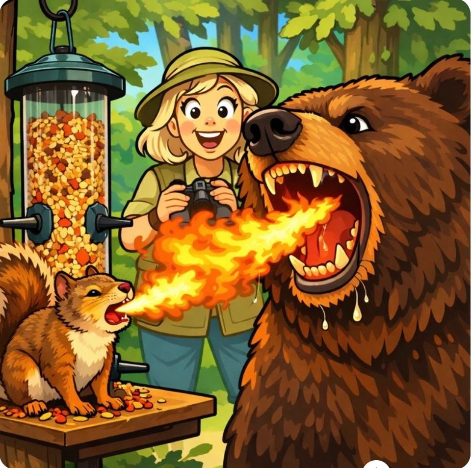 A fire-breathing squirrel and bear surprise a happy observer in the forest.