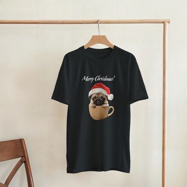Black t-shirt with a cute pug in a coffee cup wearing a Santa hat and 'Merry Christmas!' text.