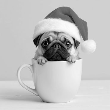 Pug puppy wearing a Santa hat inside a white mug.