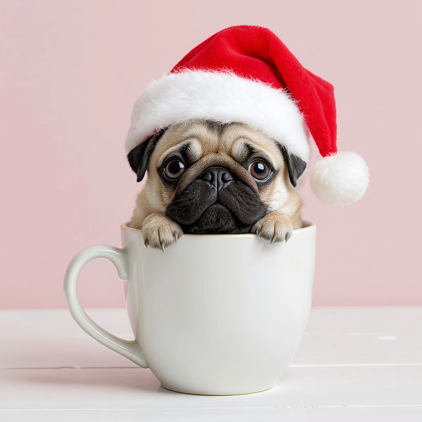 Pug puppy wearing a Santa hat inside a white mug.