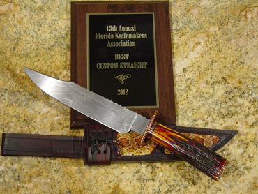 Award Winning - Damascus Bowie - Twisted Damascus blade with file worked spine-Amber Stag Antler 