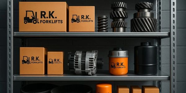 Shelves stocked with R.K. Forklifts parts and components in boxes and containers.
