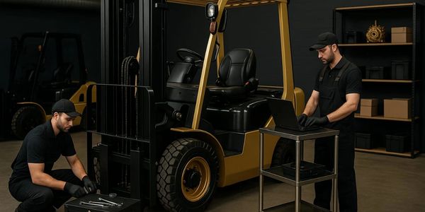 Two mechanics working on a forklift in a workshop.