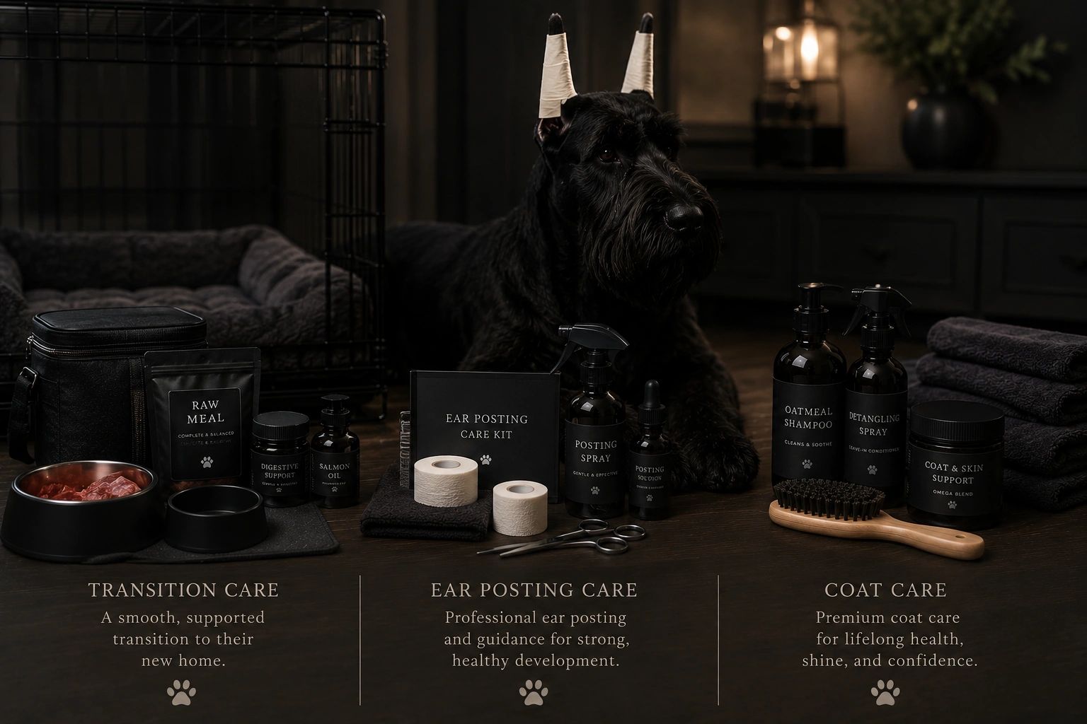 Dog care products and a black dog with taped ears.