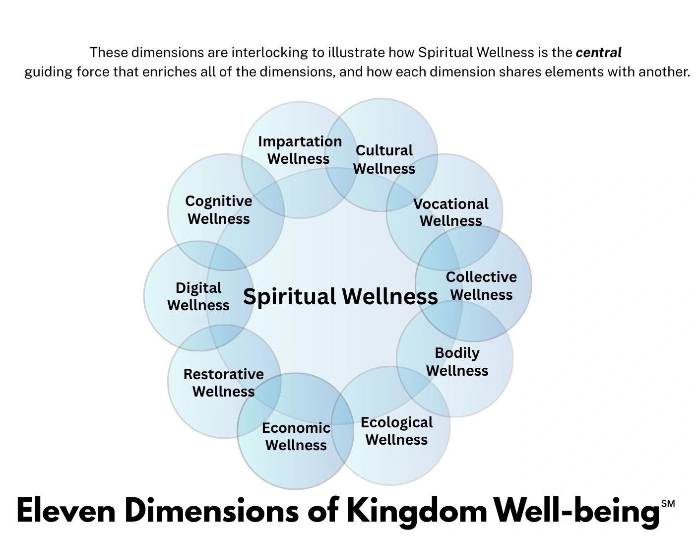 Diagram showing eleven interlocking dimensions of Kingdom Well-being with Spiritual Wellness at the center.
