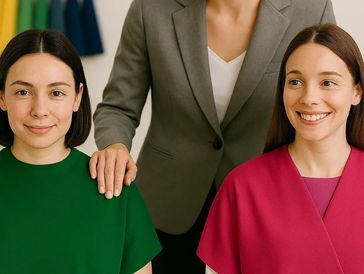 Two women smiling with a third person standing behind them, resting hands on their shoulders.
