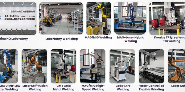 Industrial robotic welding and manufacturing lab with advanced machinery.