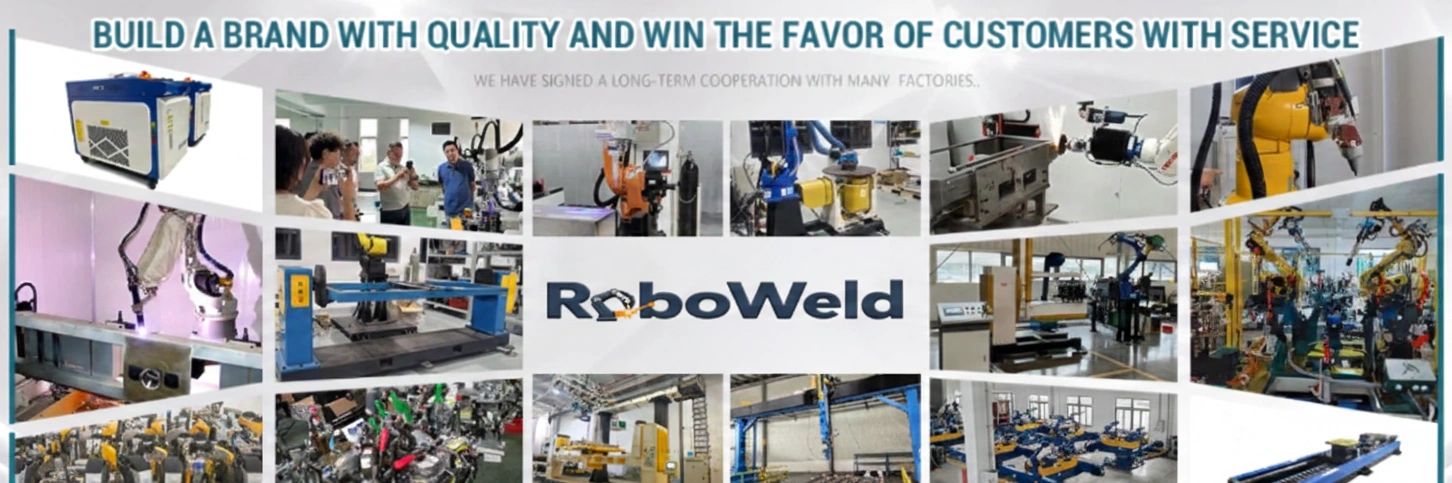 Collage of robotic welding machinery and factory scenes under RoboWeld brand.