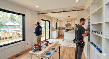 Two workers renovating a bright kitchen with tools and materials.