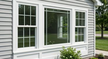White framed bay windows on a house with gray siding and garden plants.