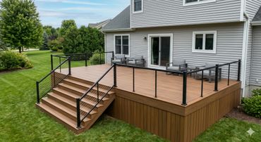 A spacious wooden deck with modern railing and outdoor chairs attached to a house.