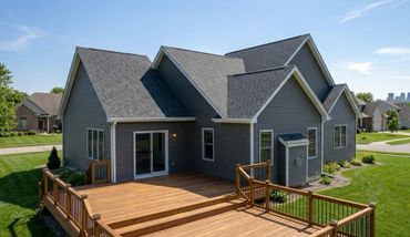 Modern gray house with a spacious wooden deck and well-maintained lawn.