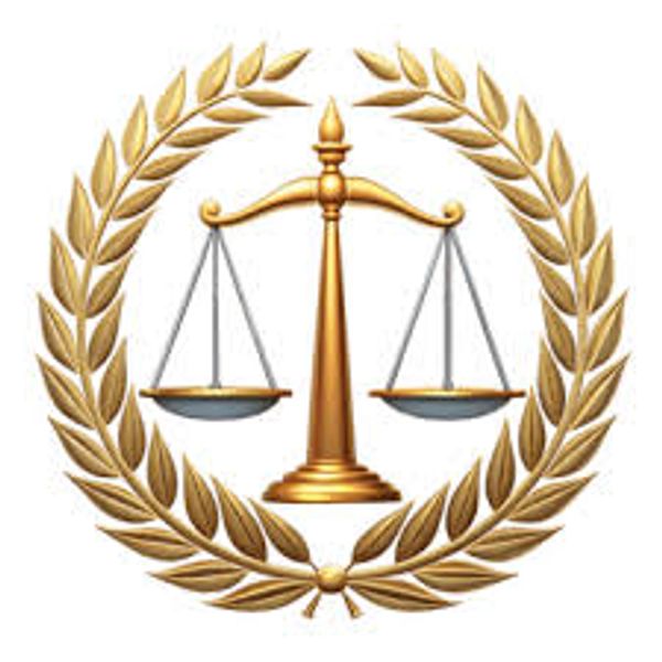 Golden scales of justice framed by a laurel wreath symbolizing fairness and victory.