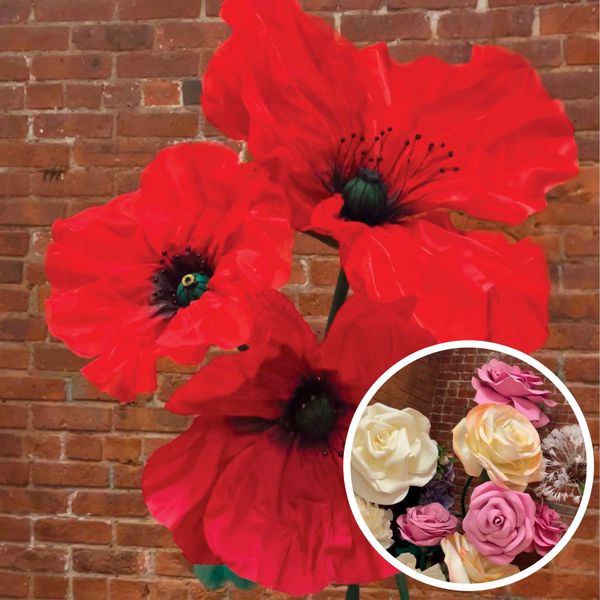 A photo of paper flowers serving as decor enhancements during special events on Ellis Island.