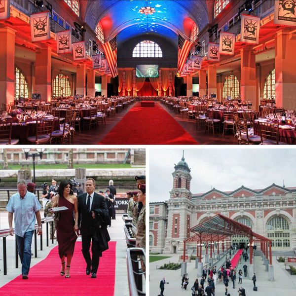3 photos showing the red carpet at the special events on Ellis Island.