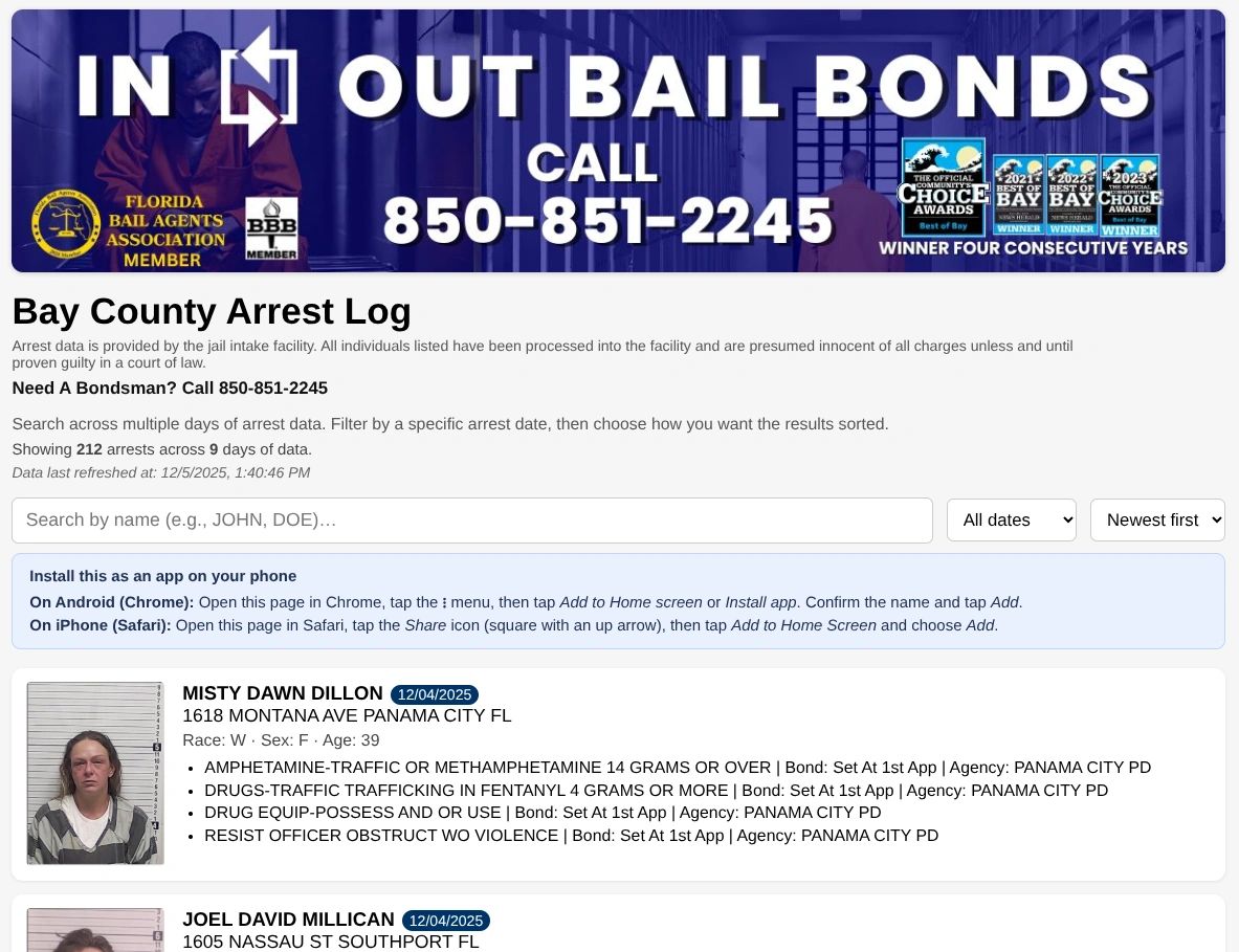 Bay County Arrest Logs. Recently Booked in the Bay County Florida Jail