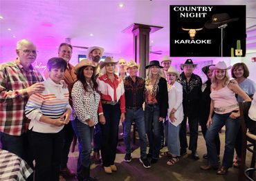 Group of people dressed in country attire at a karaoke night event.