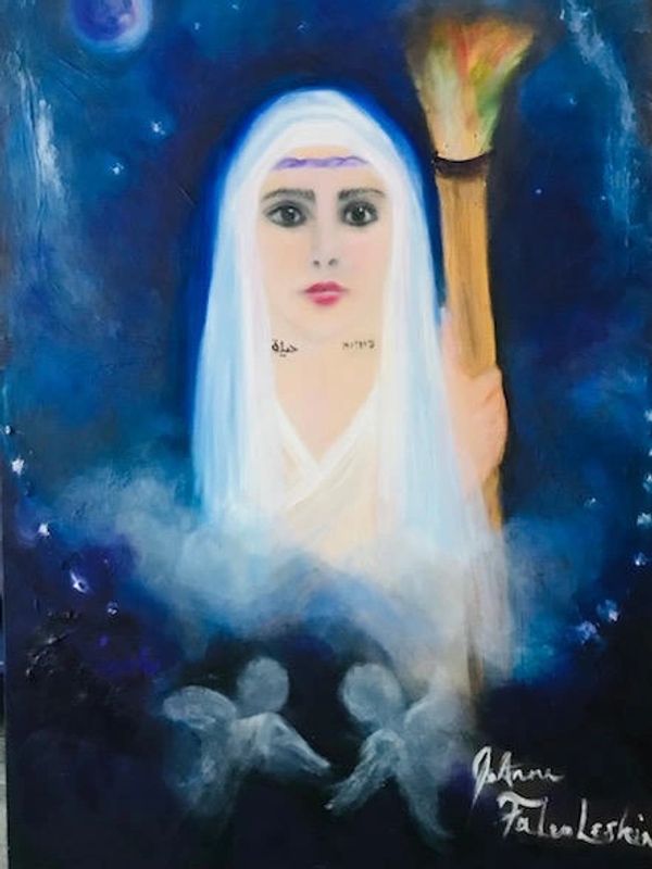 Painting of a woman with long hair and open book.