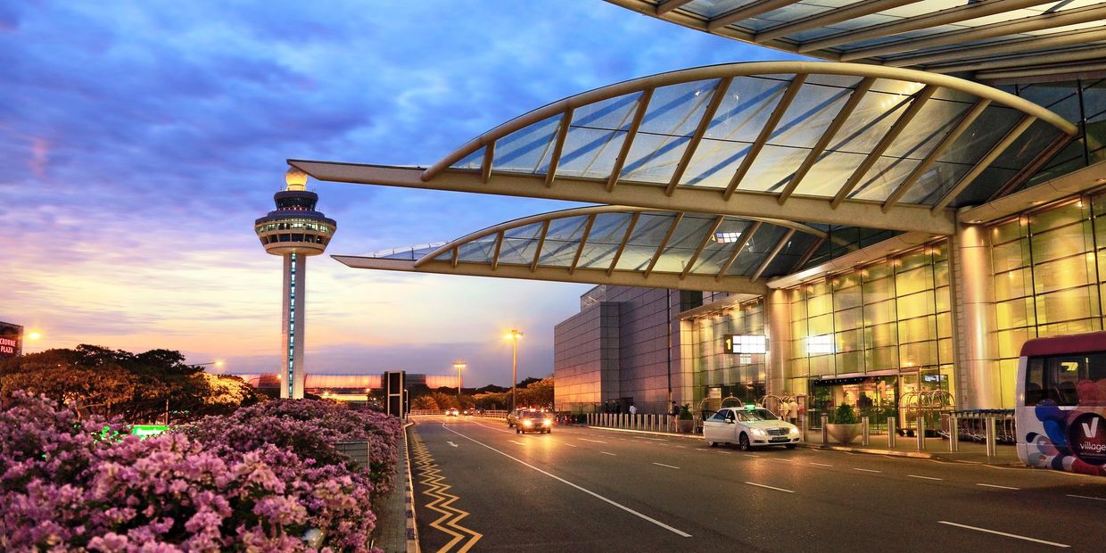 Airport terminal with control tower during sunset and blooming flowers.