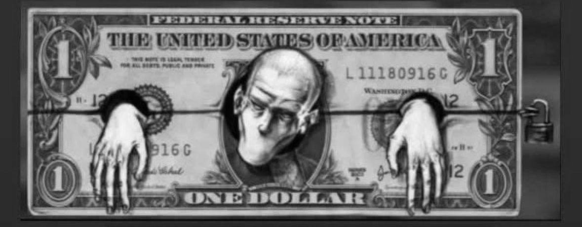 Surreal art of a man trapped in a dollar bill with hands extending out.